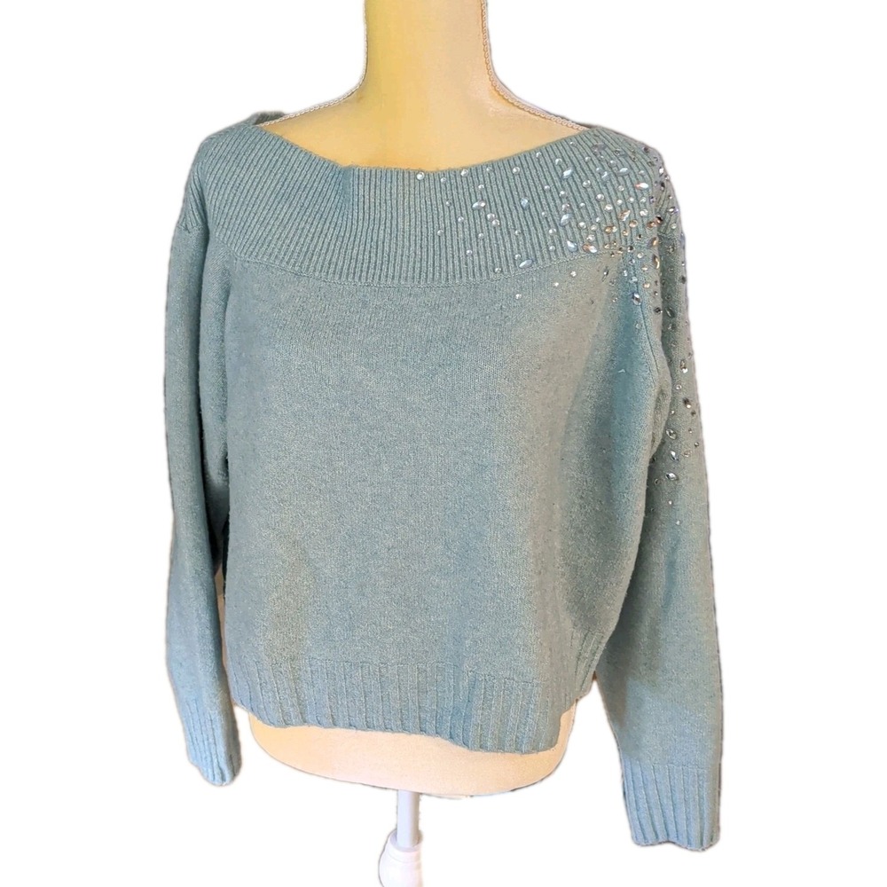 Nine West Women Off The Shoulder Sweater With Bling‎ Sage Size XL Long Sleeves